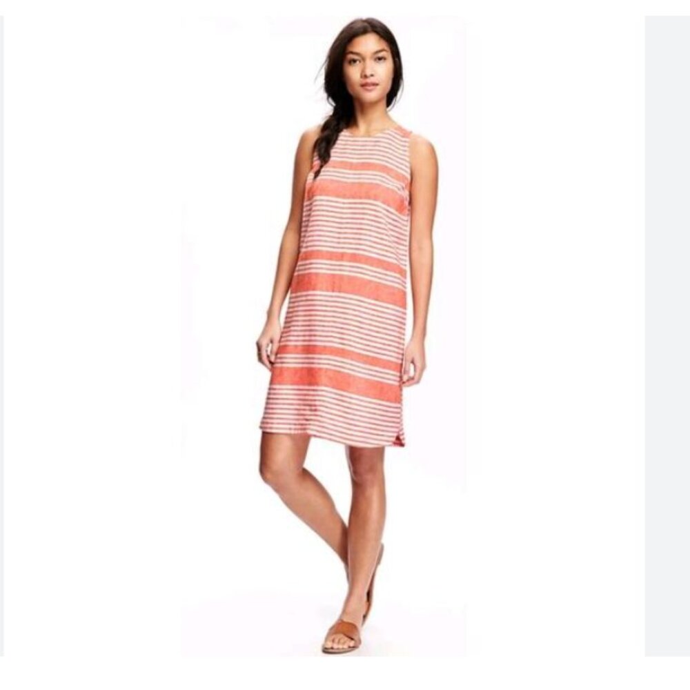Old Navy Orange Striped Sleeveless Linen Blend Shift Dress, Size Medium